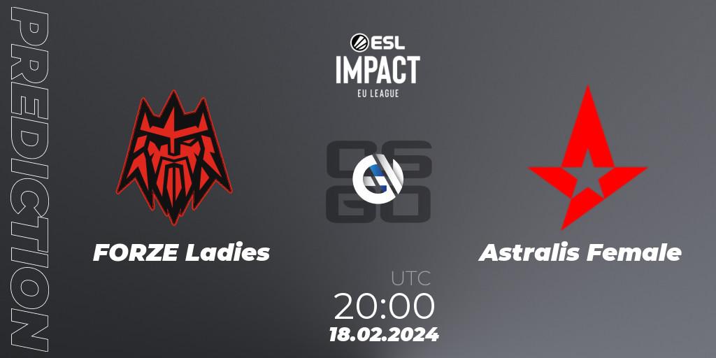 FORZE Ladies contre Astralis Female : prédiction de match. 18.02.2024 at 19:30. Counter-Strike (CS2), ESL Impact League Season 5: European Division - Open Qualifier #2