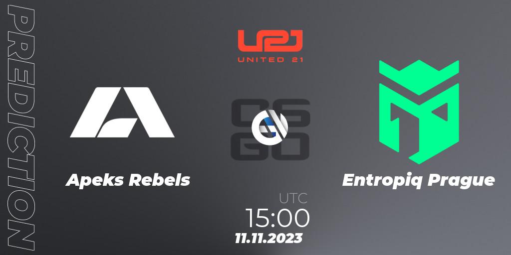 Apeks Rebels contre Entropiq Prague : prédiction de match. 13.11.2023 at 15:00. Counter-Strike (CS2), United21 Season 7: Division 2