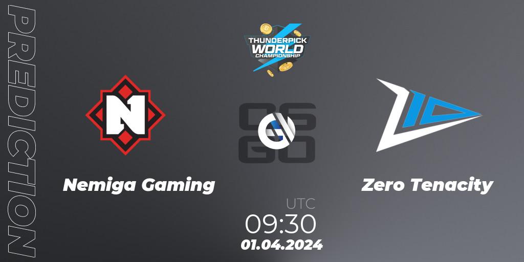 Nemiga Gaming contre Zero Tenacity : prédiction de match. 01.04.2024 at 09:30. Counter-Strike (CS2), Thunderpick World Championship 2024: European Series #1