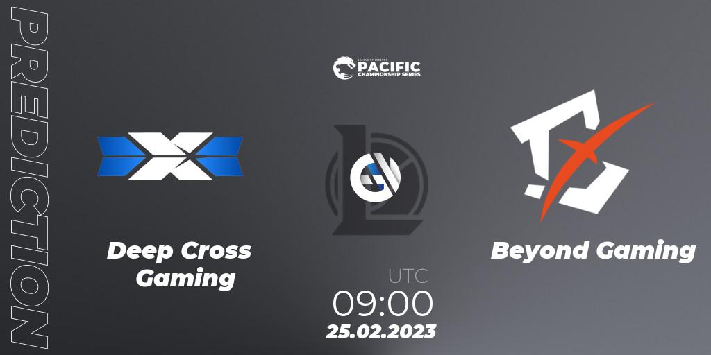 Deep Cross Gaming contre Beyond Gaming : prédiction de match. 25.02.2023 at 09:00. LoL, PCS Spring 2023 - Group Stage