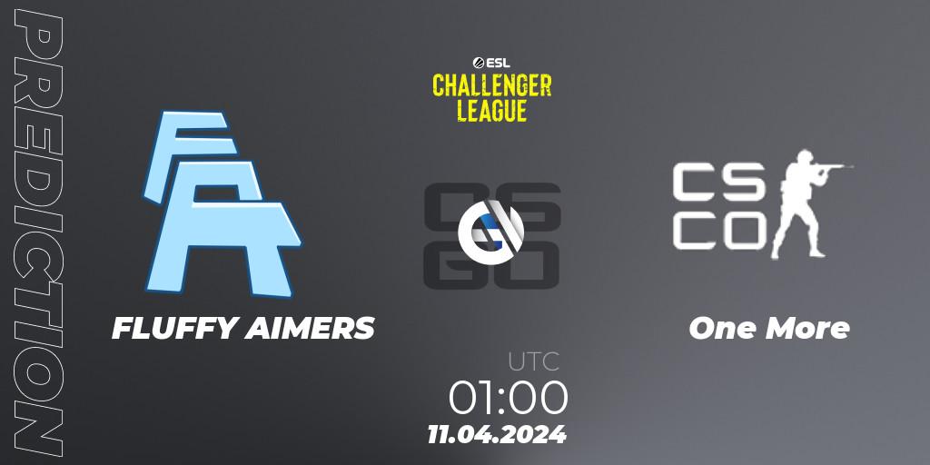 FLUFFY AIMERS contre One More : prédiction de match. 11.04.2024 at 01:00. Counter-Strike (CS2), ESL Challenger League Season 47: North America