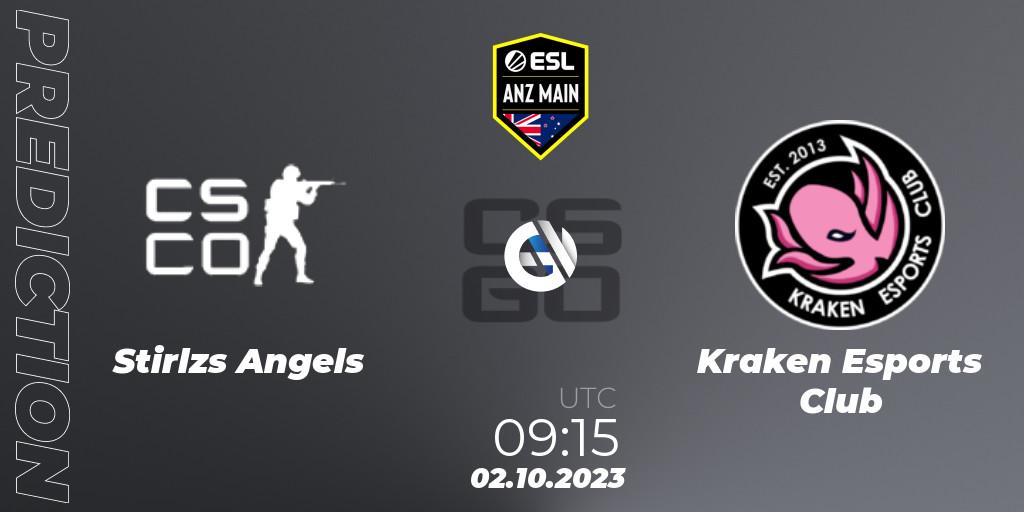 Stirlzs Angels contre Kraken Esports Club : prédiction de match. 02.10.2023 at 09:15. Counter-Strike (CS2), ESL ANZ Main Season 17