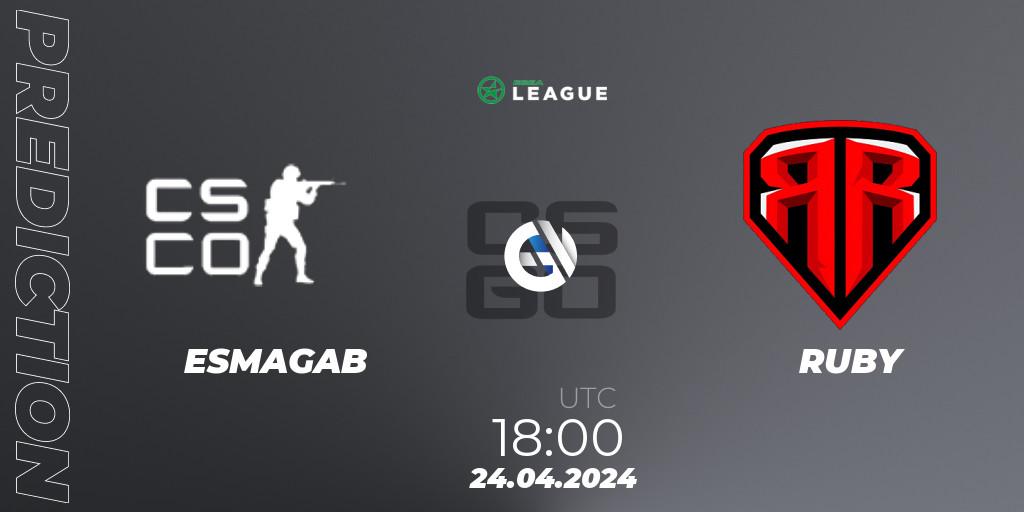 ESMAGAB contre RUBY : prédiction de match. 24.04.2024 at 18:00. Counter-Strike (CS2), ESEA Season 49: Advanced Division - Europe