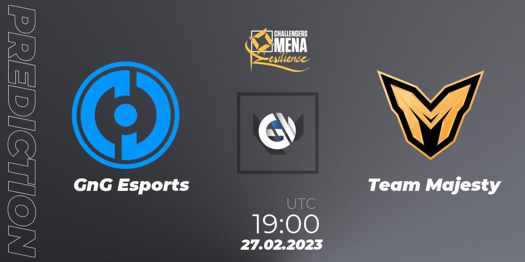 GnG Esports contre Team Majesty : prédiction de match. 27.02.2023 at 18:00. VALORANT, VALORANT Challengers 2023 MENA: Resilience Split 1 - Levant and North Africa