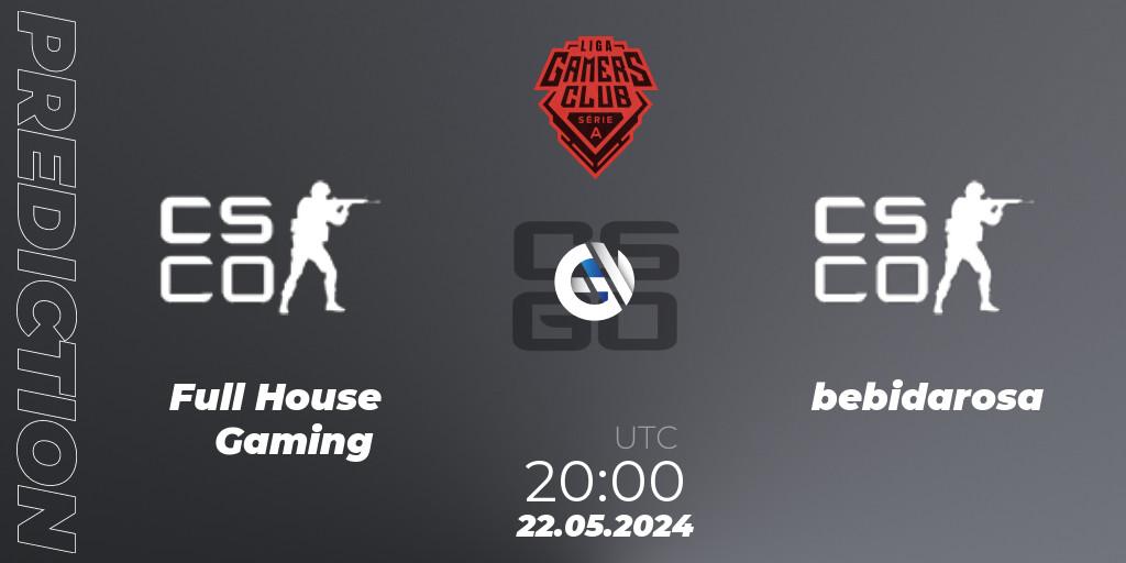 Full House Gaming contre bebidarosa : prédiction de match. 22.05.2024 at 20:00. Counter-Strike (CS2), Gamers Club Liga Série A: May 2024