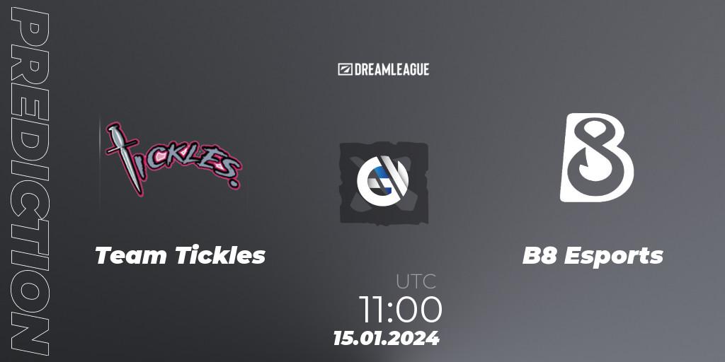 Team Tickles contre B8 Esports : prédiction de match. 15.01.2024 at 11:00. Dota 2, DreamLeague Season 22: Western Europe Closed Qualifier
