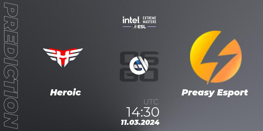 Heroic contre Preasy Esport : prédiction de match. 11.03.2024 at 14:30. Counter-Strike (CS2), Intel Extreme Masters Dallas 2024: European Closed Qualifier