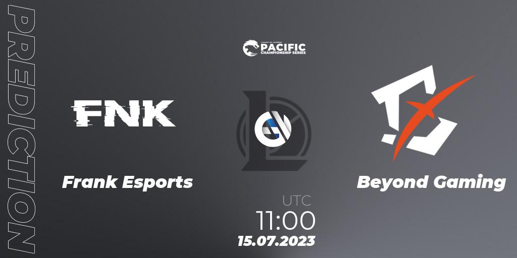 Frank Esports contre Beyond Gaming : prédiction de match. 15.07.2023 at 11:00. LoL, PACIFIC Championship series Group Stage
