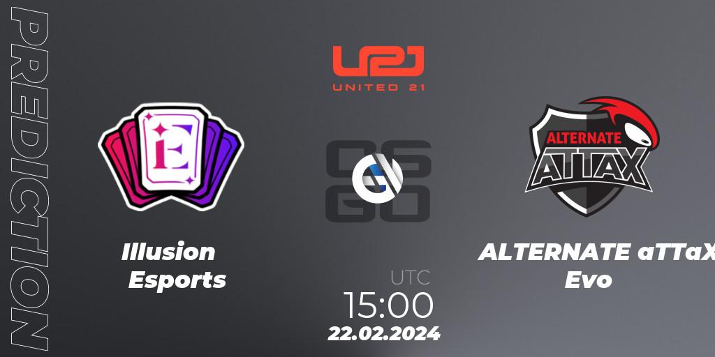 Illusion Esports contre ALTERNATE aTTaX : prédiction de match. 22.02.2024 at 15:00. Counter-Strike (CS2), United21 Season 11: Division 2