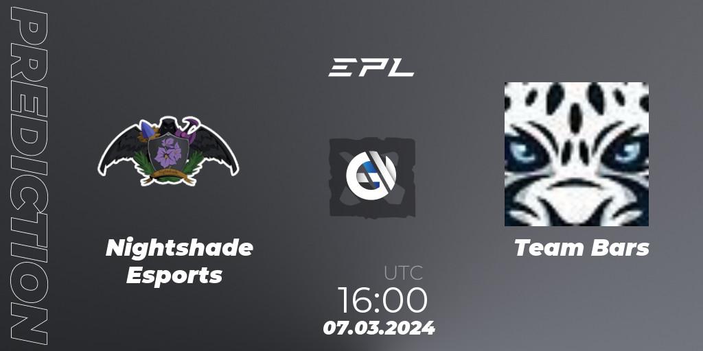 Nightshade Esports contre Team Bars : prédiction de match. 07.03.2024 at 16:00. Dota 2, European Pro League Season 17: Division 2