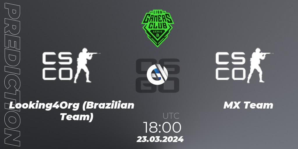Looking4Org (Brazilian Team) contre MX Team : prédiction de match. 23.03.2024 at 18:00. Counter-Strike (CS2), Gamers Club Liga Série B: March 2024