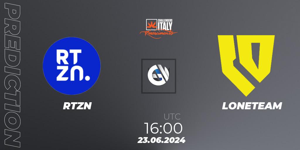 RTZN contre LONETEAM : prédiction de match. 23.06.2024 at 16:00. VALORANT, VALORANT Challengers 2024 Italy: Rinascimento Split 2