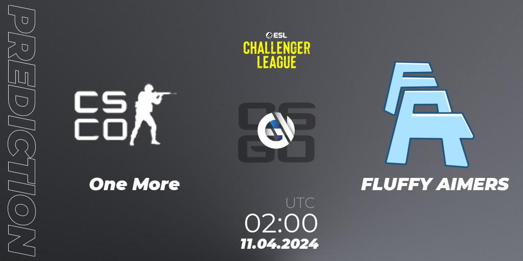 One More contre FLUFFY AIMERS : prédiction de match. 11.04.2024 at 02:00. Counter-Strike (CS2), ESL Challenger League Season 47: North America