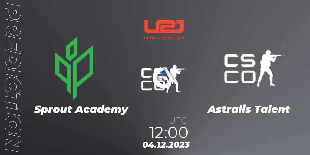 Sprout Academy contre Astralis Talent : prédiction de match. 04.12.2023 at 12:00. Counter-Strike (CS2), United21 Season 9