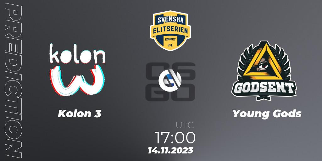 Kolon 3 contre Young Gods : prédiction de match. 14.11.2023 at 17:00. Counter-Strike (CS2), Svenska Elitserien Fall 2023: Online Stage