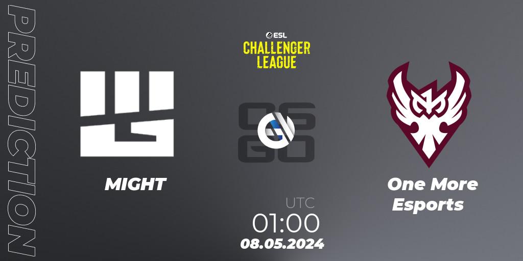 MIGHT contre One More Esports : prédiction de match. 21.05.2024 at 01:00. Counter-Strike (CS2), ESL Challenger League Season 47: North America