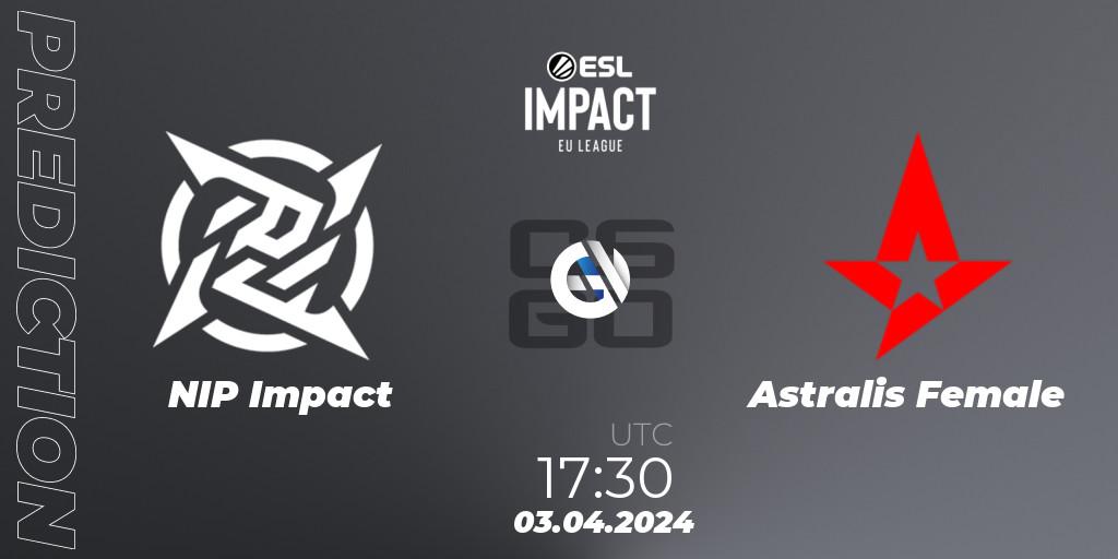 NIP Impact contre Astralis Female : prédiction de match. 03.04.2024 at 17:30. Counter-Strike (CS2), ESL Impact League Season 5: Europe