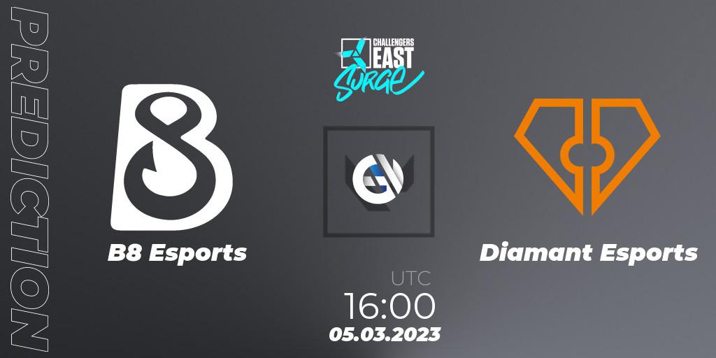 B8 Esports contre Diamant Esports : prédiction de match. 05.03.2023 at 16:15. VALORANT, VALORANT Challengers 2023 East: Surge Split 1
