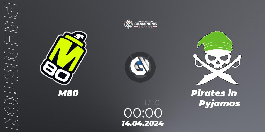 M80 contre Pirates in Pyjamas : prédiction de match. 14.04.2024 at 00:00. Overwatch, Overwatch Champions Series 2024 - North America Stage 2 Group Stage