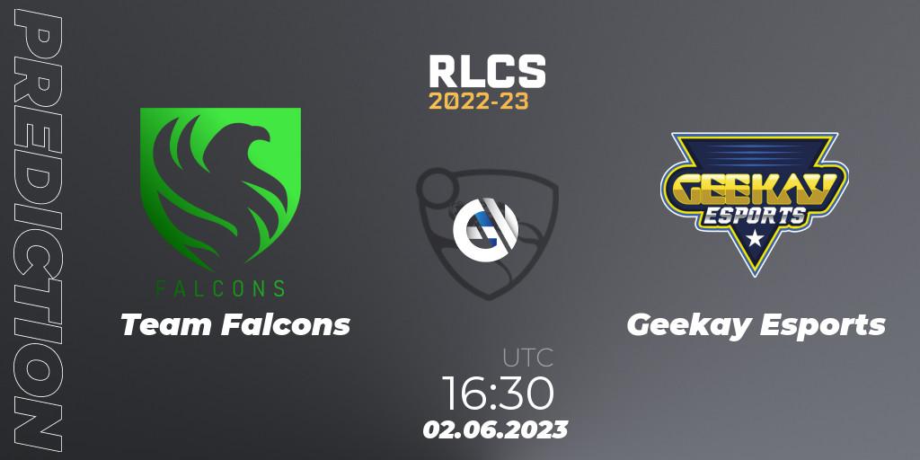 Team Falcons contre Geekay Esports : prédiction de match. 02.06.2023 at 16:20. Rocket League, RLCS 2022-23 - Spring: Middle East and North Africa Regional 3 - Spring Invitational