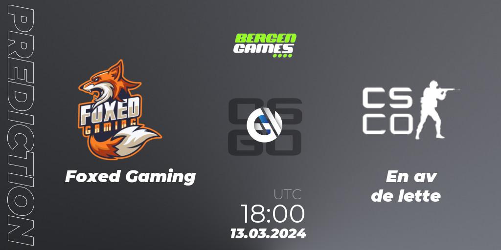 Foxed Gaming contre En av de lette : prédiction de match. 13.03.2024 at 18:00. Counter-Strike (CS2), Bergen Games 2024: Online Stage