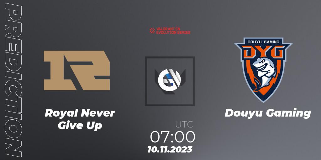 Royal Never Give Up contre Douyu Gaming : prédiction de match. 10.11.2023 at 07:00. VALORANT, VALORANT China Evolution Series Act 3: Heritability - Play-In