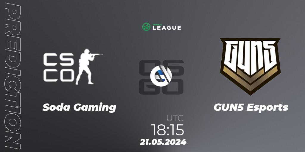 Soda Gaming contre GUN5 Esports : prédiction de match. 21.05.2024 at 18:15. Counter-Strike (CS2), ESEA Season 49: Advanced Division - Europe