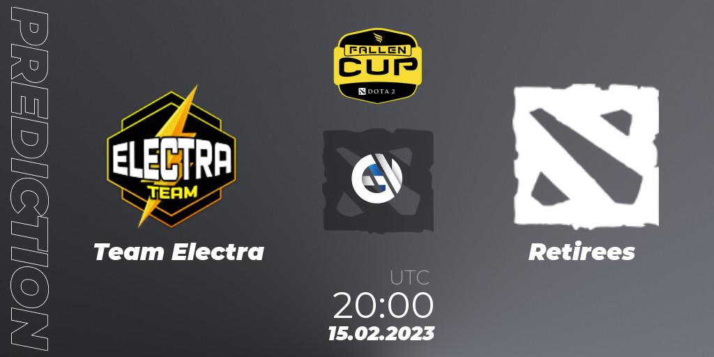 Team Electra contre Retirees : prédiction de match. 15.02.2023 at 20:29. Dota 2, Fallen Cup Season 2