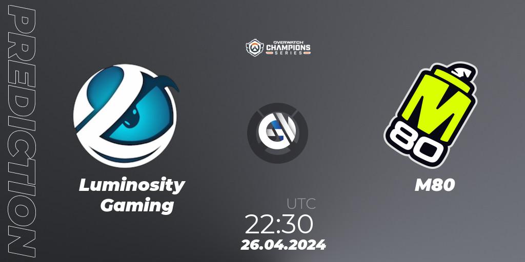 Luminosity Gaming contre M80 : prédiction de match. 26.04.2024 at 21:00. Overwatch, Overwatch Champions Series 2024 - North America Stage 2 Main Event
