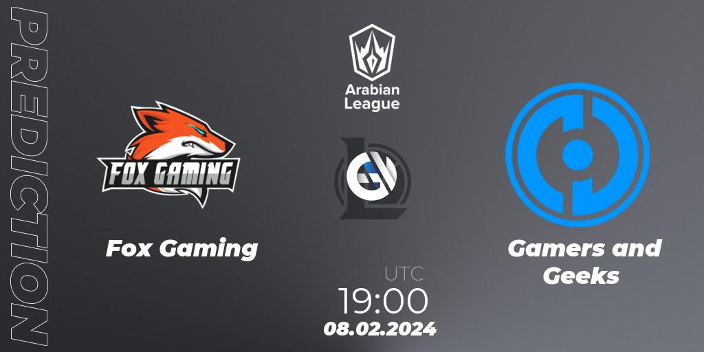 Fox Gaming contre Gamers and Geeks : prédiction de match. 08.02.2024 at 19:00. LoL, Arabian League Spring 2024