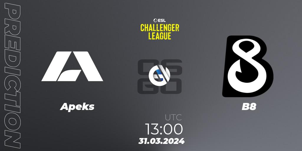 Apeks contre B8 : prédiction de match. 31.03.2024 at 13:00. Counter-Strike (CS2), ESL Challenger League Season 47: Europe