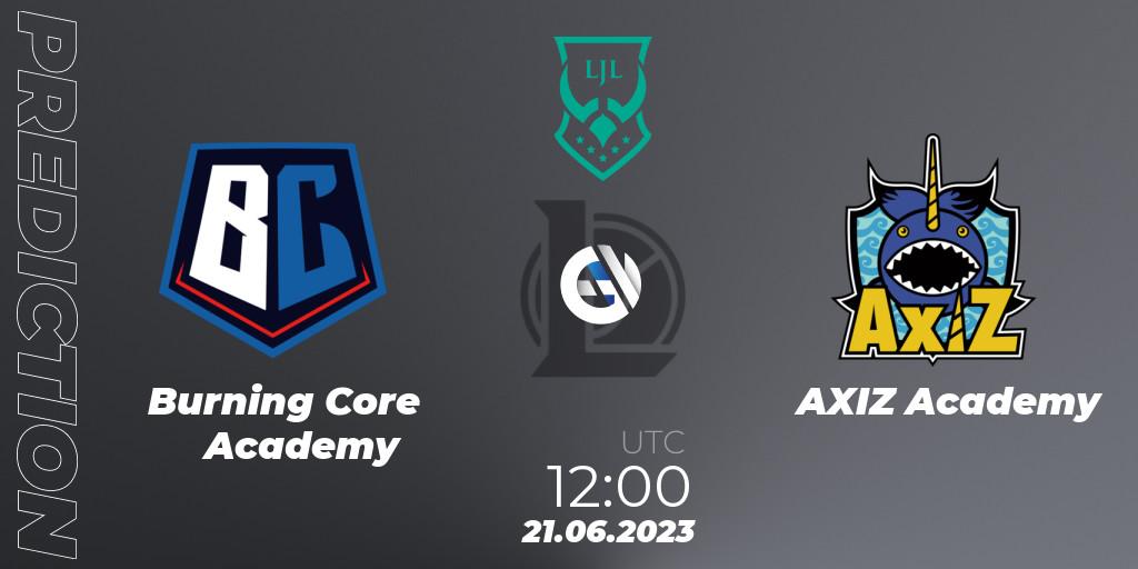 Burning Core Academy contre AXIZ Academy : prédiction de match. 21.06.2023 at 12:00. LoL, LJL Academy 2023 - Group Stage