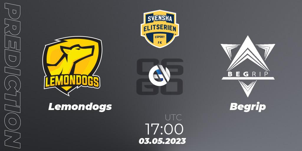 Lemondogs contre Begrip : prédiction de match. 03.05.2023 at 17:00. Counter-Strike (CS2), Svenska Elitserien Spring 2023: Online Stage