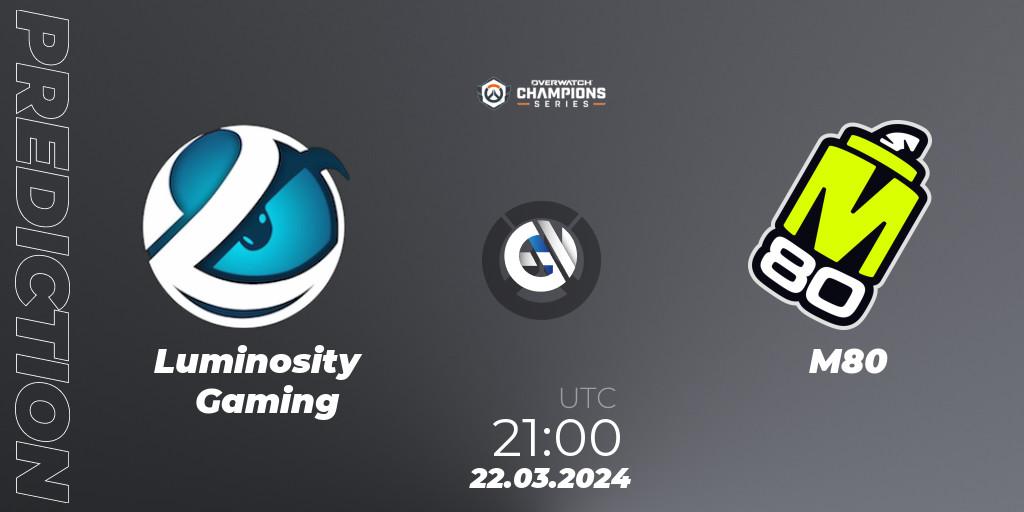 Luminosity Gaming contre M80 : prédiction de match. 22.03.2024 at 21:00. Overwatch, Overwatch Champions Series 2024 - North America Stage 1 Main Event