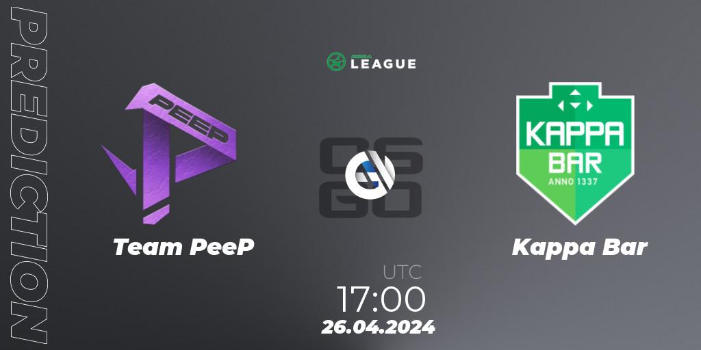 Team PeeP contre Kappa Bar : prédiction de match. 26.04.2024 at 17:00. Counter-Strike (CS2), ESEA Season 49: Advanced Division - Europe