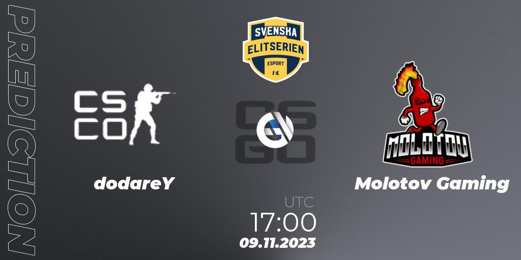 dodareY contre Molotov Gaming : prédiction de match. 09.11.2023 at 17:00. Counter-Strike (CS2), Svenska Elitserien Fall 2023: Online Stage