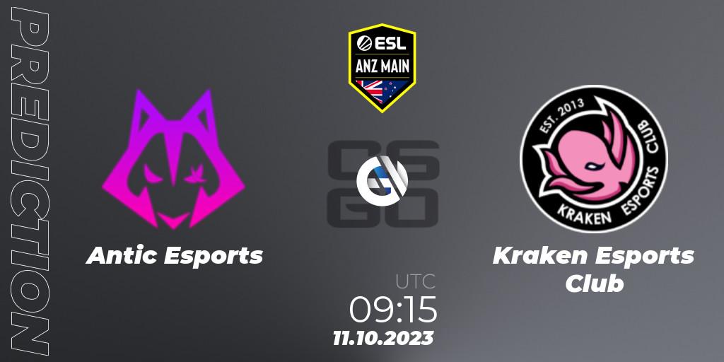 Antic Esports contre Kraken Esports Club : prédiction de match. 11.10.2023 at 09:15. Counter-Strike (CS2), ESL ANZ Main Season 17