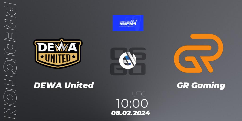 DEWA United contre GR Gaming : prédiction de match. 08.02.2024 at 10:00. Counter-Strike (CS2), OneQode Frontier