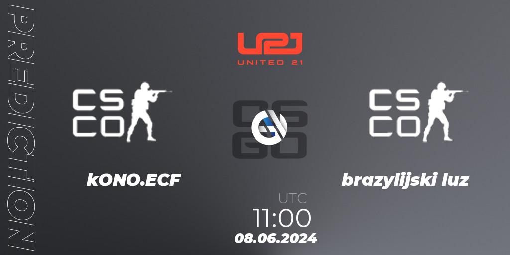 kONO.ECF contre brazylijski luz : prédiction de match. 08.06.2024 at 11:00. Counter-Strike (CS2), United21 Season 16