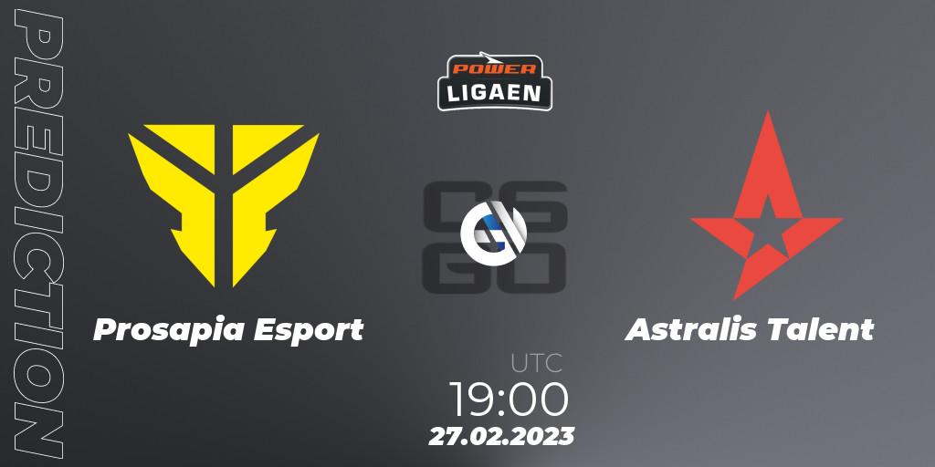 Prosapia Esport contre Astralis Talent : prédiction de match. 27.02.2023 at 19:00. Counter-Strike (CS2), Dust2.dk Ligaen Season 22