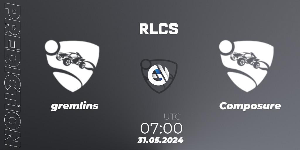 gremlins contre Composure : prédiction de match. 31.05.2024 at 07:00. Rocket League, RLCS 2024 - Major 2: OCE Open Qualifier 6