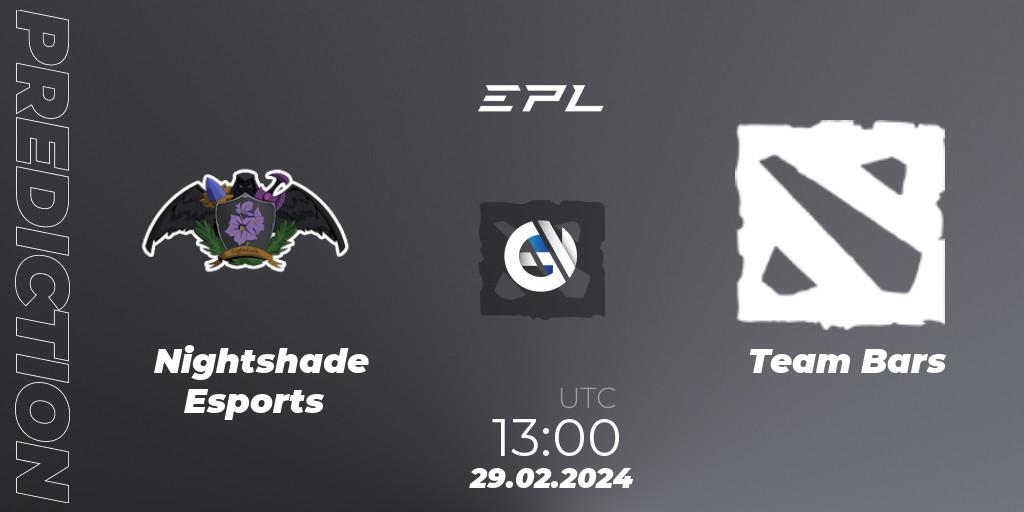 Nightshade Esports contre Team Bars : prédiction de match. 29.02.2024 at 13:30. Dota 2, European Pro League Season 17: Division 2