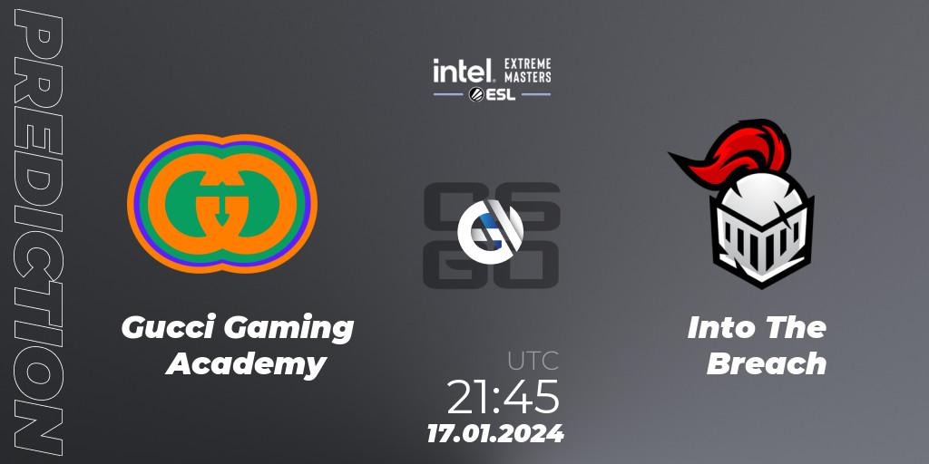 Gucci Gaming Academy contre Into The Breach : prédiction de match. 17.01.2024 at 21:45. Counter-Strike (CS2), Intel Extreme Masters China 2024: European Open Qualifier #1