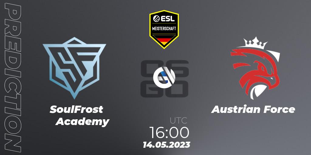 SoulFrost Academy contre Austrian Force : prédiction de match. 14.05.2023 at 16:00. Counter-Strike (CS2), ESL Meisterschaft: Spring 2023 - Division 2