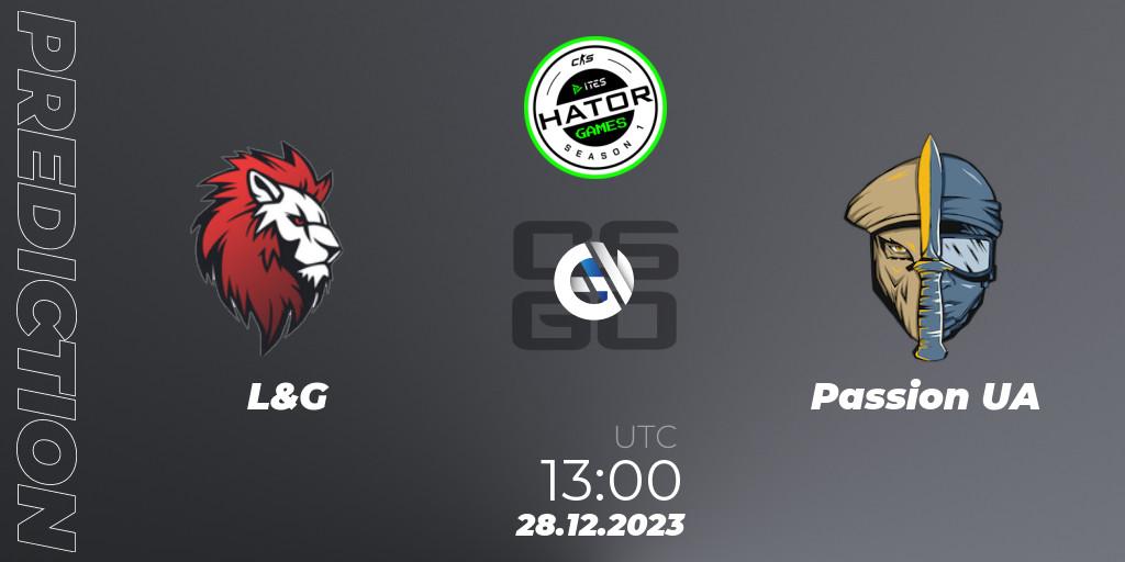 L&G contre Passion UA : prédiction de match. 28.12.2023 at 13:00. Counter-Strike (CS2), HATOR Games #1