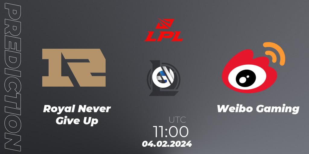 Royal Never Give Up contre Weibo Gaming : prédiction de match. 04.02.2024 at 11:00. LoL, LPL Spring 2024 - Group Stage