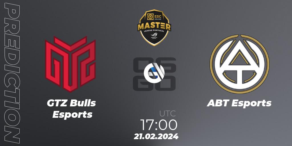 GTZ Bulls Esports contre ABT Esports : prédiction de match. 21.02.2024 at 17:00. Counter-Strike (CS2), Master League Portugal Season 13: Closed Qualifier