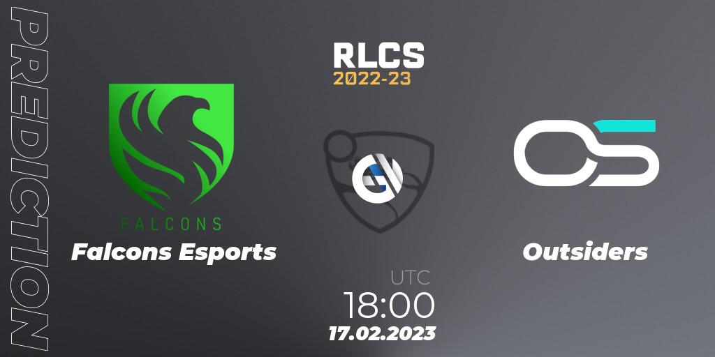 Falcons Esports contre Outsiders : prédiction de match. 17.02.2023 at 18:15. Rocket League, RLCS 2022-23 - Winter: Middle East and North Africa Regional 2 - Winter Cup