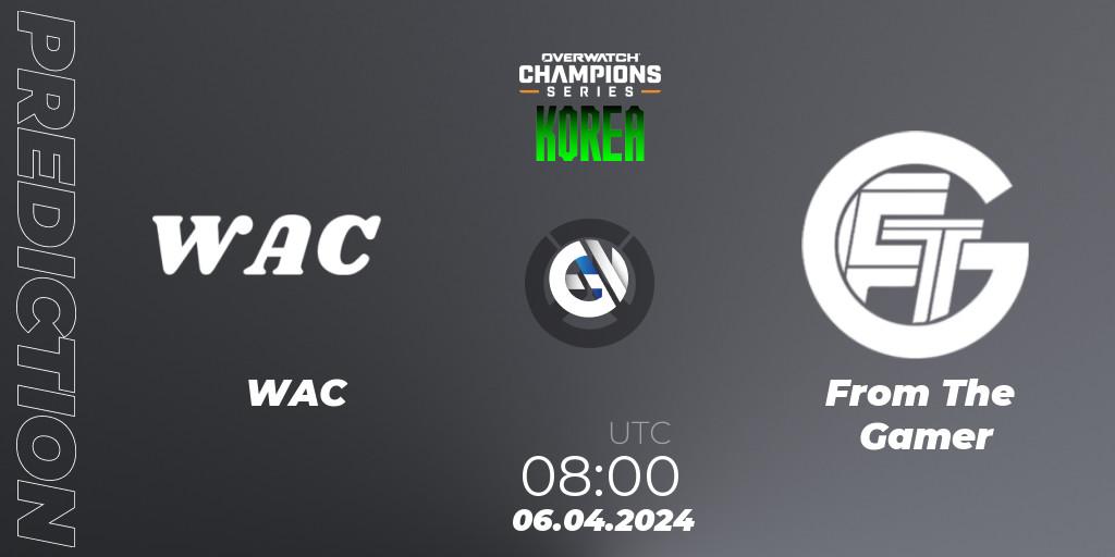 WAC contre From The Gamer : prédiction de match. 06.04.2024 at 08:00. Overwatch, Overwatch Champions Series 2024 - Stage 1 Korea