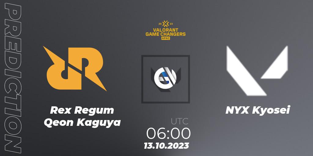 Rex Regum Qeon Kaguya contre NYX Kyosei : prédiction de match. 13.10.2023 at 12:00. VALORANT, VCT 2023: Game Changers APAC Elite